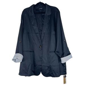 NEW Bloomchic Suit Collar Striped Patchwork Tab Sleeve Blue Blazer 3X